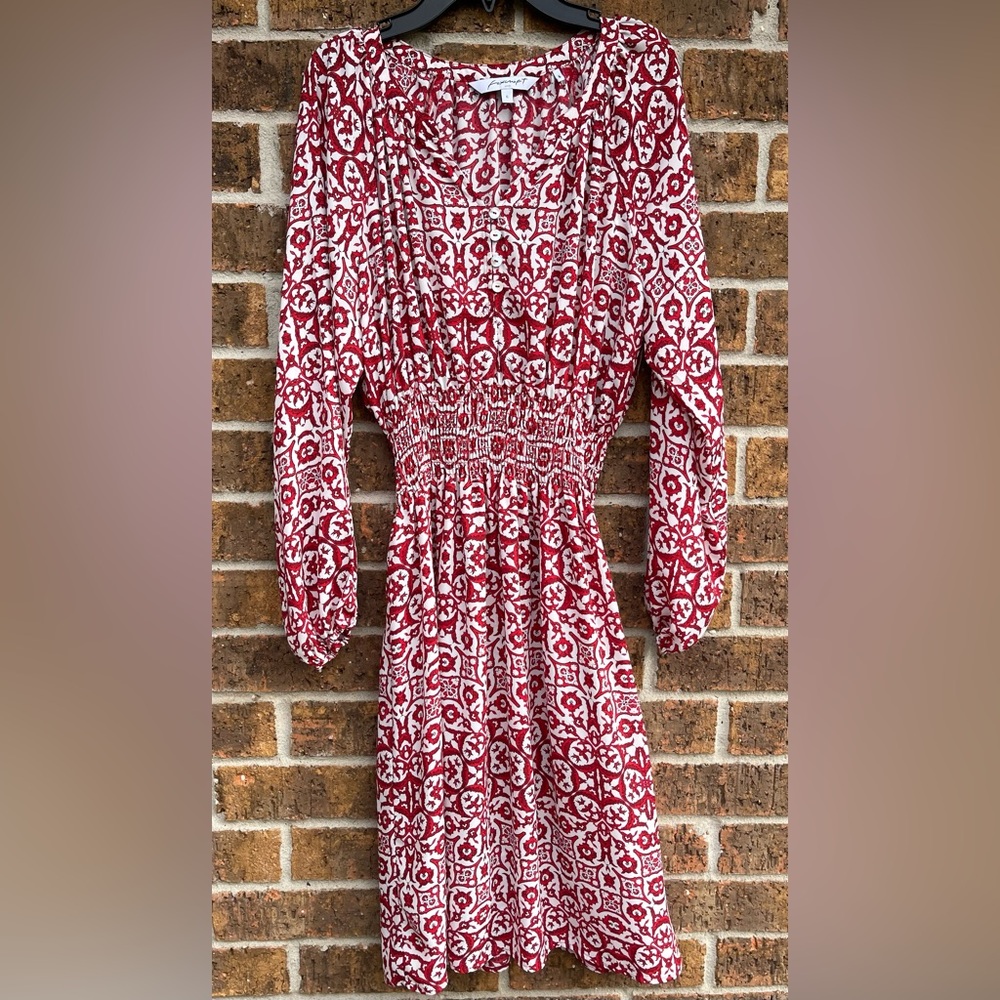 Foxcroft Floral Geometric Red & White Long Sleeve Elastic Waist Dress Sz 6